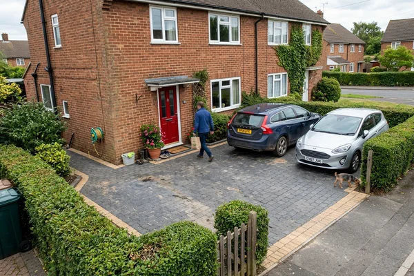 Charcoal block paving driveway with a buff border outside a red brick Gloucester house