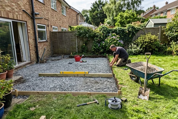 Compacted sub-base and drainage falls prepared for a new patio