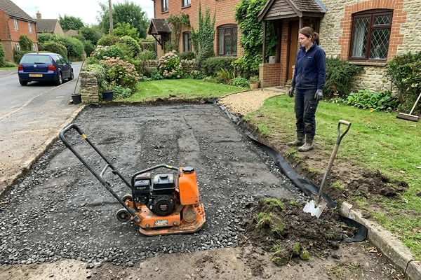 Excavated driveway base with compacted MOT Type 1 sub-base and geotextile membrane