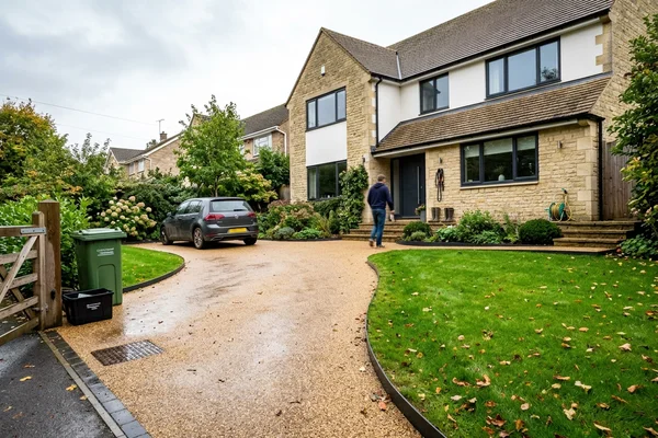 Golden resin-bound driveway sweeping up to a modern Cheltenham home