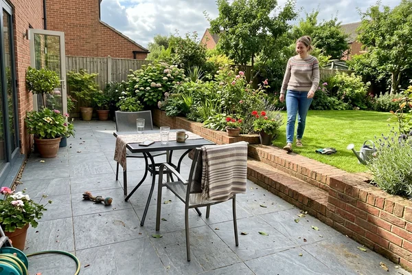 Porcelain patio with brick built steps down to a lawn in a Tewkesbury back garden