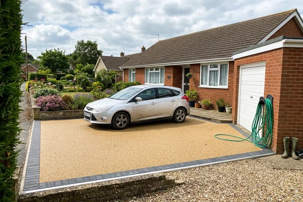 Resin-bound driveway with aluminium edging trim and a block paved border