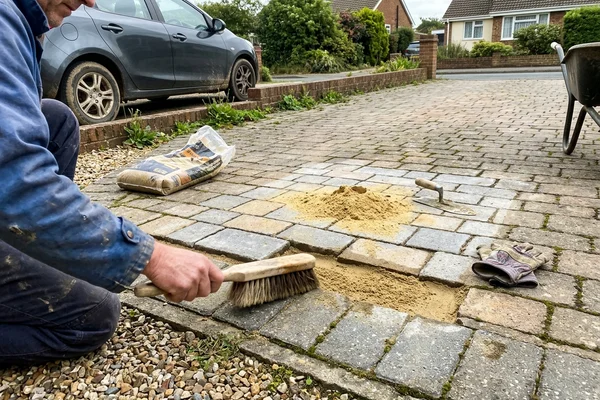 Section of block paving lifted and relaid level with fresh bedding sand