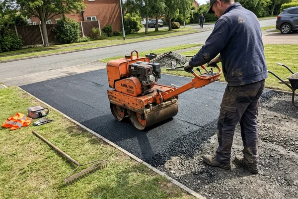 Vibratory roller compacting the wearing course of a new tarmac driveway
