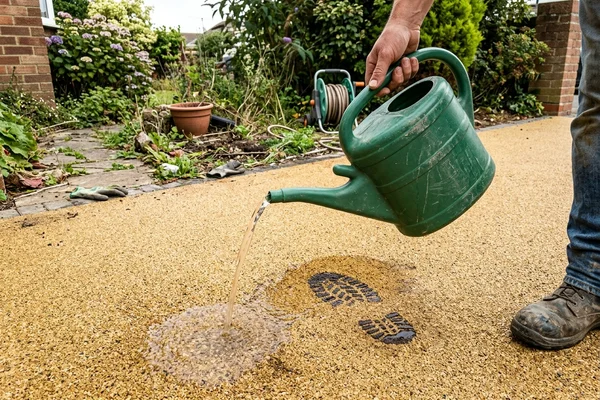 Water draining straight through a permeable resin driveway surface