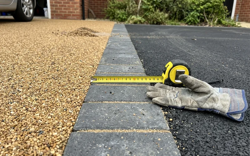 Close-up texture comparison of resin aggregate, block paving and smooth tarmac