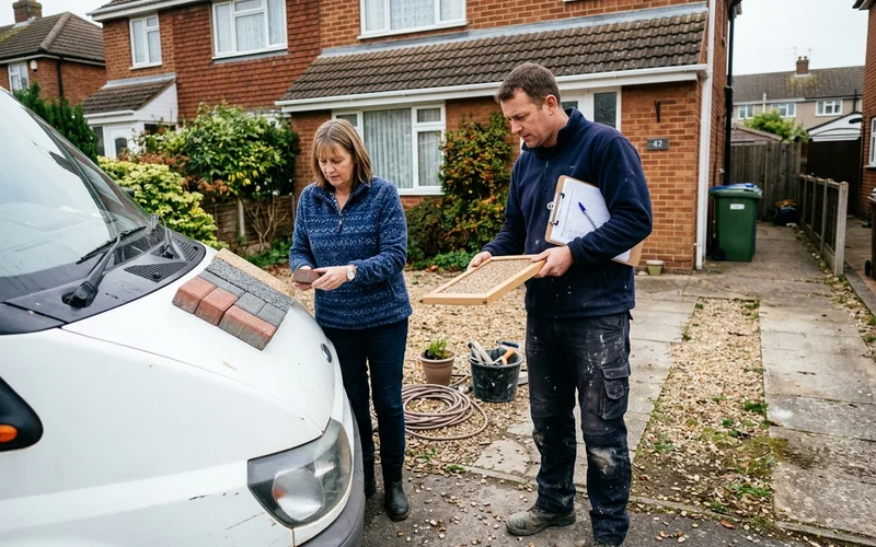 Homeowner and installer discussing driveway material samples on a driveway