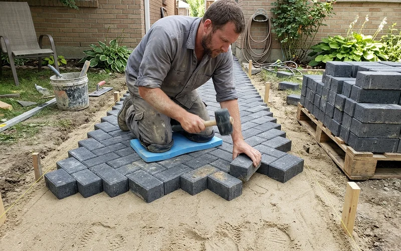 Installer laying concrete blocks in a herringbone pattern over a sharp sand bedding layer
