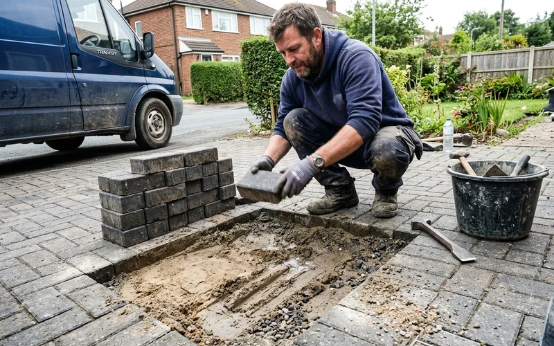 Installer lifting sunken block paving to expose the failed sub-base underneath