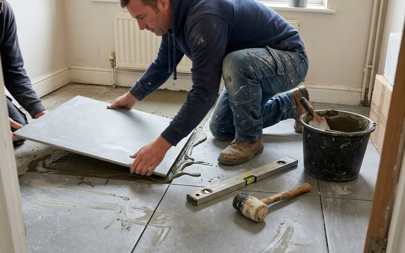 Installer lowering a porcelain slab onto a full wet mortar bed