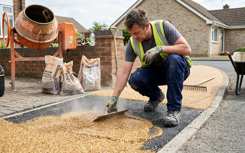 Installer trowelling resin and aggregate mix flat across a prepared driveway base