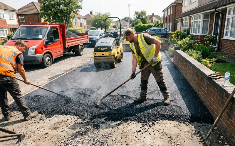 Installers raking hot asphalt level across a prepared driveway base