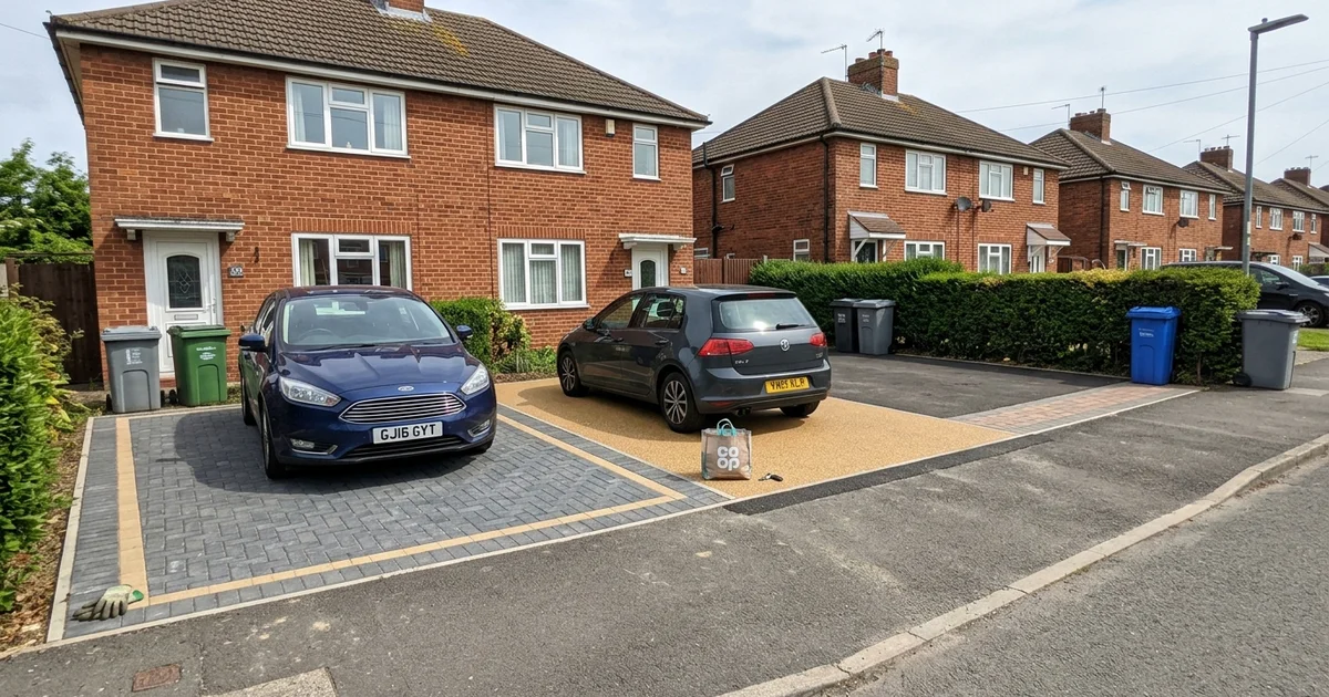 Three driveway surfaces side by side: block paving, resin-bound and tarmac, outside homes in Gloucester