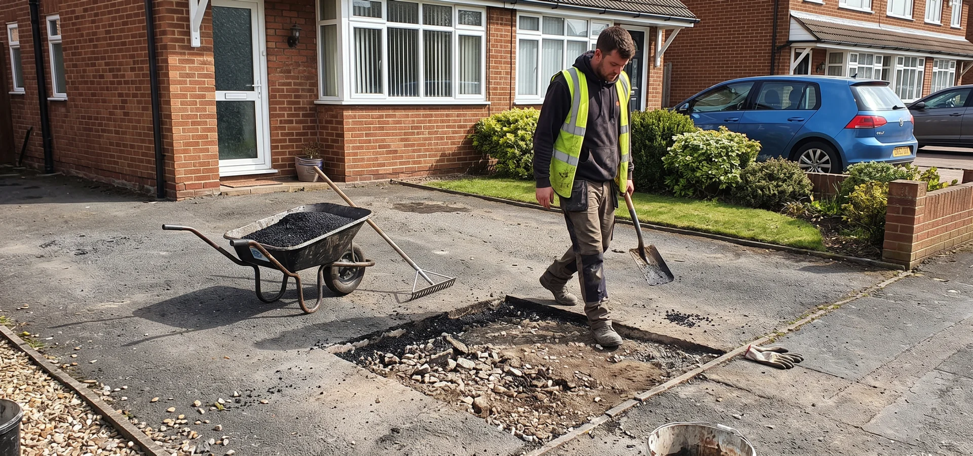 Cracked and sunken tarmac driveway being cut out and repaired outside a Gloucester home