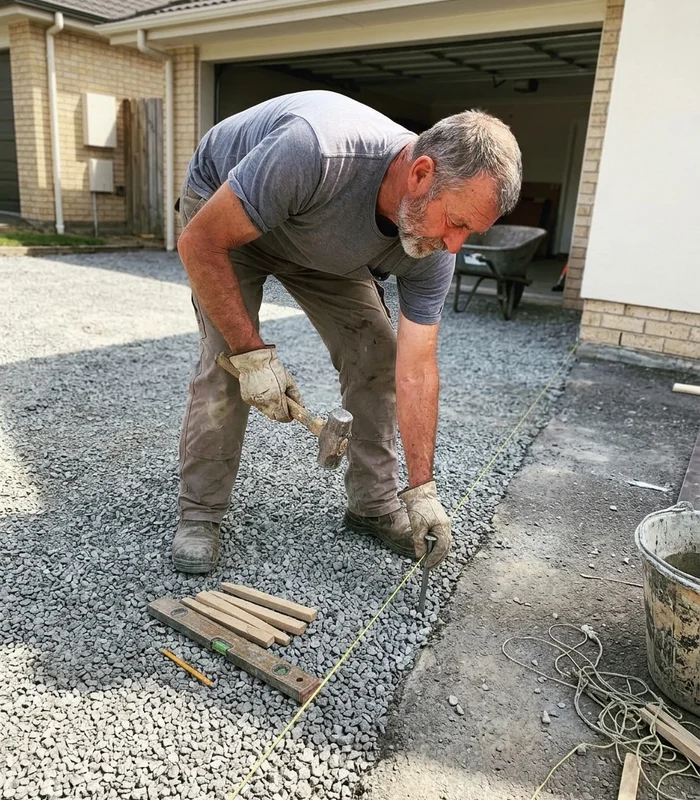 LayPave installer setting a string line across a compacted MOT Type 1 sub-base