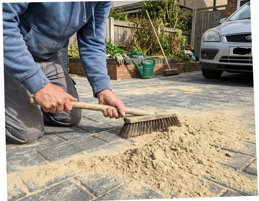 Kiln-dried jointing sand being brushed into the joints of a newly laid block paving driveway