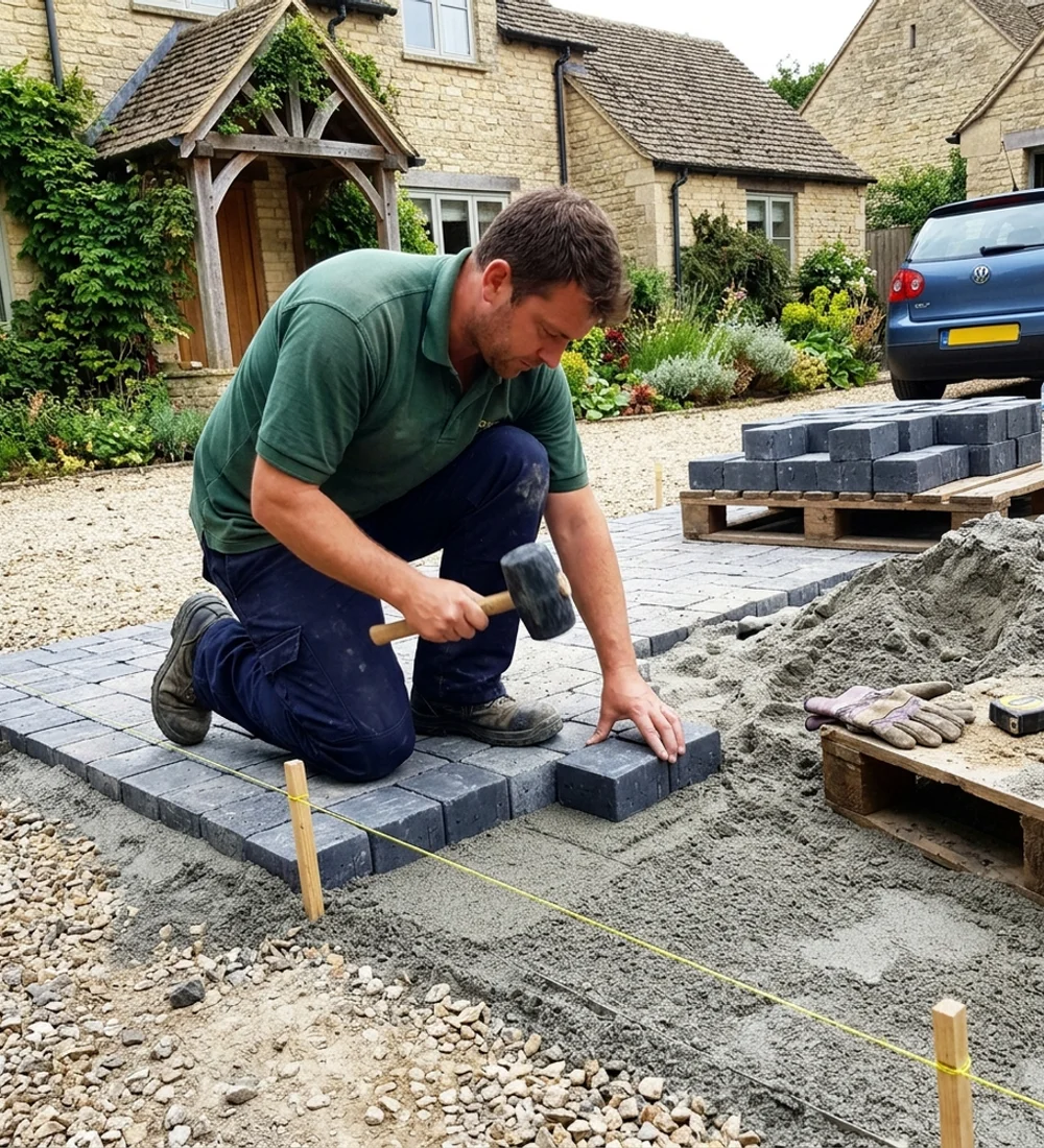 LayPave installer laying block paving on a driveway outside a Gloucestershire family home