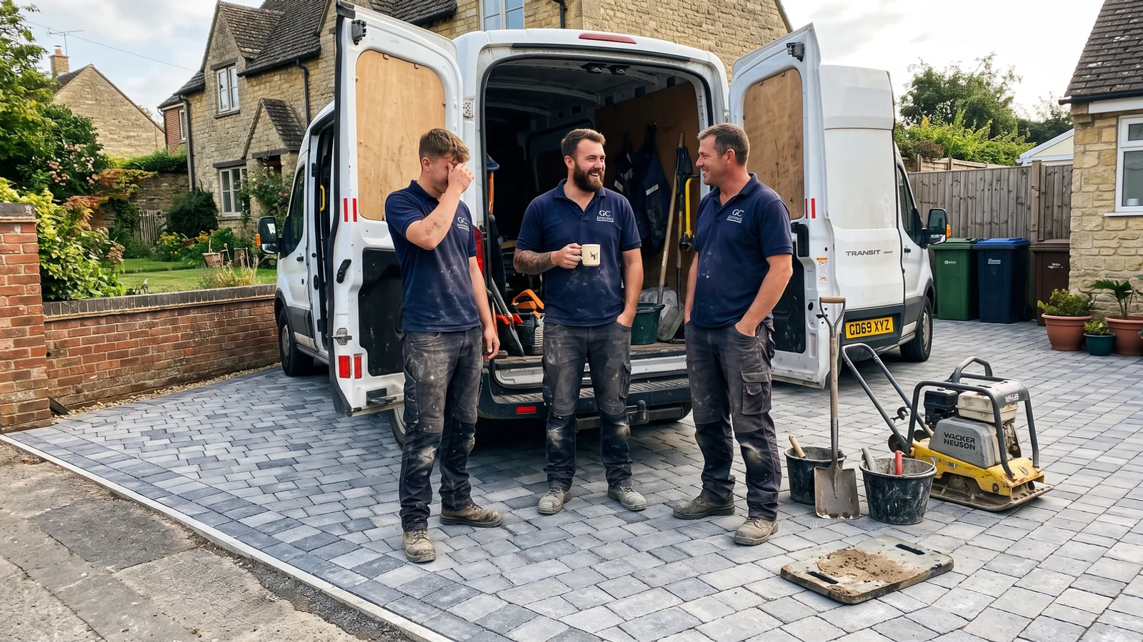 LayPave team beside a work van on a finished block paving driveway in Gloucestershire