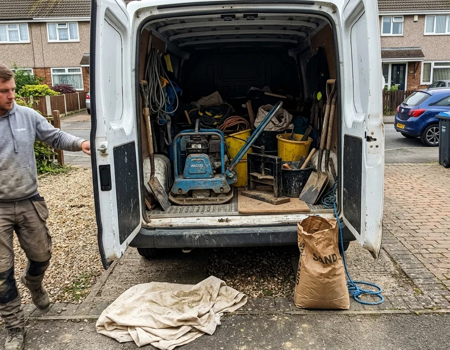 Work van loaded with a plate compactor, block splitter and tools on a Gloucester driveway
